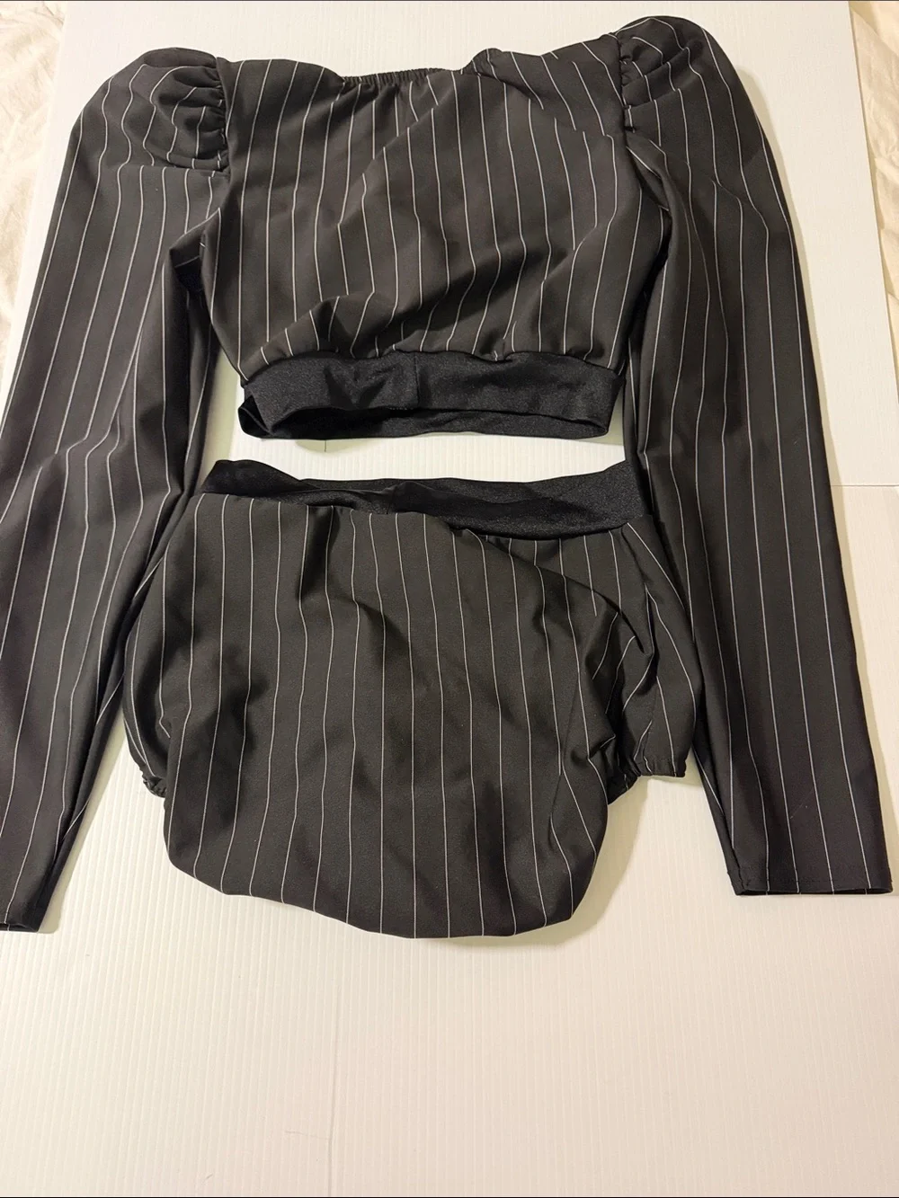 Kelle dance black pinstripe costume 2 piece trunks top POWER THREADS 2821 MA